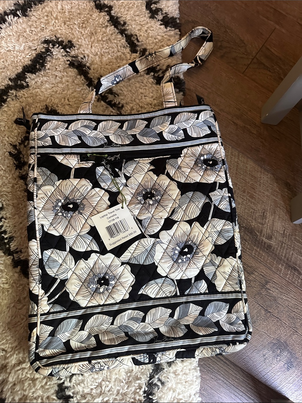 Vera Bradley Black Floral Quilted Shoulder laptop travel Tote with Cream Flowers